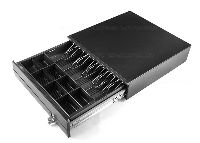 Black Retail Cash Drawer Metal Money Box With Lock Solo Row Tray 410E